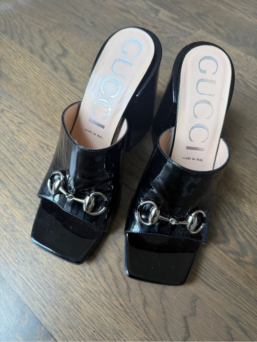 Gucci Black Patent Leather Horsebit Mule Heels